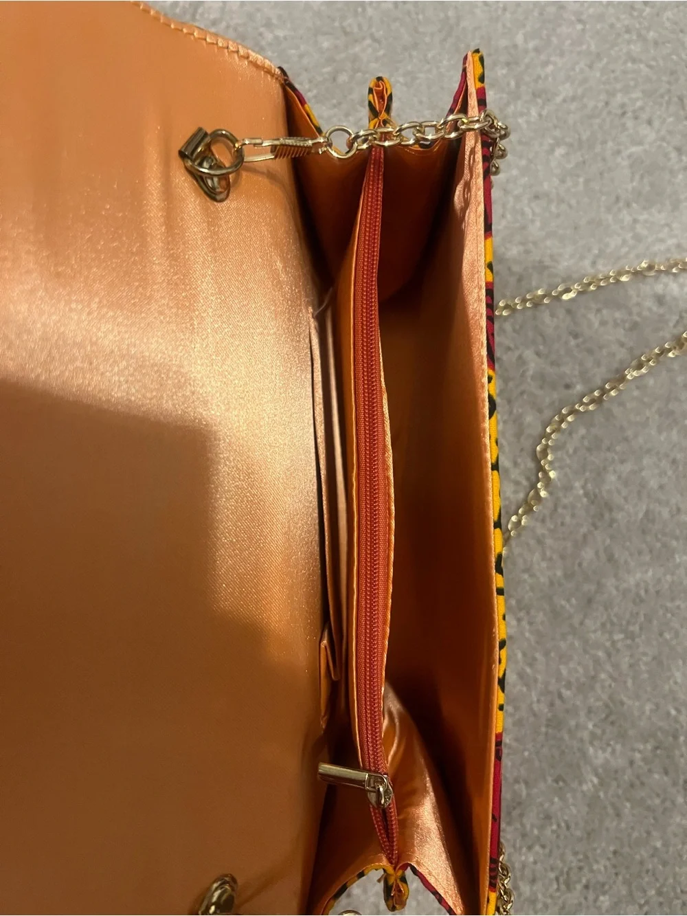 Yellow & Red Printed Envelope Clutch with Gold Ring Accent